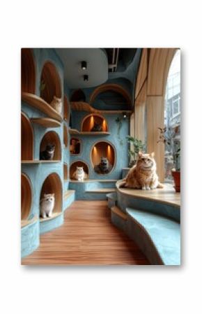 Cozy cat cafe interior with wooden shelves and feline resting spaces
