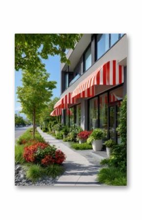 Modern storefront with red and white awnings