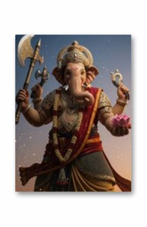 Ai generated image of ganesha, the hindu god, stands majestically with an axe and lotus