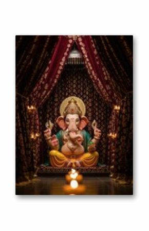 Ai generated image of a golden ganesha statue sits serenely, surrounded by candles and rich red drapes