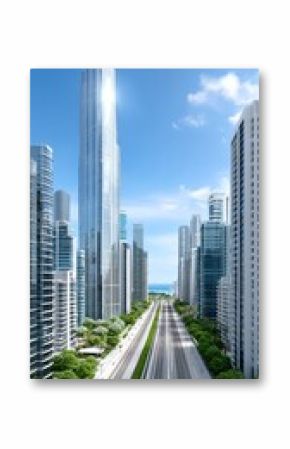 Modern Cityscape with Tall Skyscraper and Wide Road
