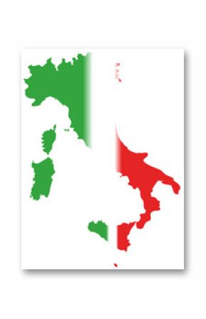 This image displays the map of Italy filled with the Italian flag colors: green on the left, white in the middle, and red on the right.
