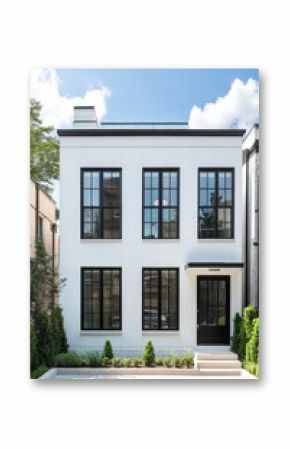 Modern architectural design showcases elegant white facade and large windows in a tranquil neighborhood during a sunny day