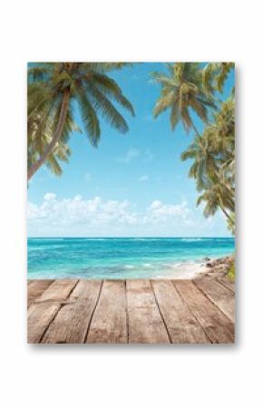 Wooden deck with tropical palm trees overlooking turquoise ocean and blue sky on sunny summer beach day