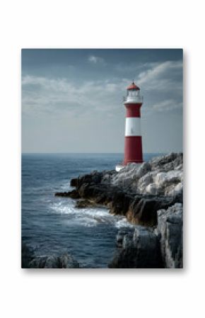 Striking red and white lighthouse perched atop rocky cliffs overlooking the ocean a serene coastal landscape under a