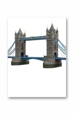 Iconic Tower Bridge, London, featuring distinctive twin grey Victorian Gothic towers with intricate details and golden finials, road deck, and blue suspension cables, isolated against a clean plain