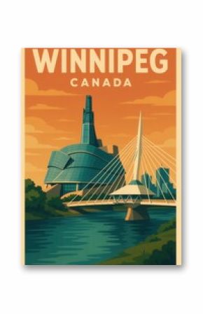 Retro illustration of Winnipeg with Canadian Museum for Human Rights and Esplanade Riel pedestrian bridge over the river in Manitoba, Canada