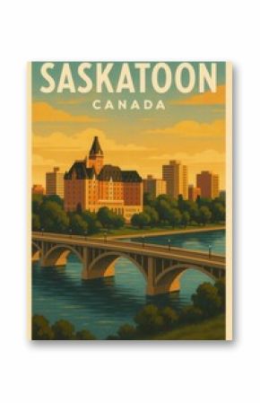 Illustrated view of downtown Saskatoon featuring the South Saskatchewan River and historic Delta Bessborough Hotel framed by trees and a prominent city bridge