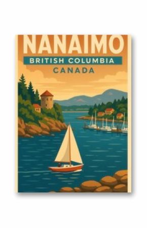 Vintage travel poster featuring a sailboat gliding past a stone harbour house and moored yachts in Nanaimo British Columbia Canada waterfront under a dawn sky with distant hills