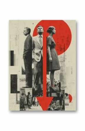 Abstract collage with figures and a downward arrow symbolizing direction and movement
