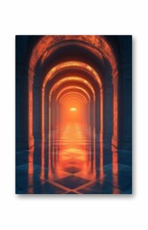 Endless Archway Corridor with Warm Orange Glow and Reflective Blue Floor Symmetrical Architectural View