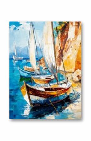 Colorful Sailboats in a Scenic Seaside Bay Depicted in Oil Painting Style