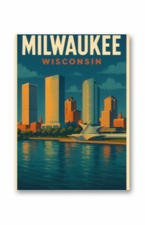 Colorful stylized illustration of Milwaukee Wisconsin showing the Art Museum by the lake with high-rise buildings and a reflection in the water at sunset