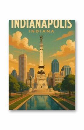 Vintage style travel poster of Indianapolis Indiana with the Soldiers and Sailors Monument and surrounding city skyline during a colorful sunset with reflection