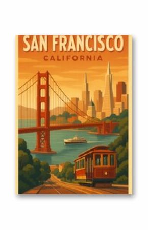 Retro poster artwork of San Francisco showing a cable car descending a hill with the Golden Gate Bridge and iconic skyline under a warm orange sky in California