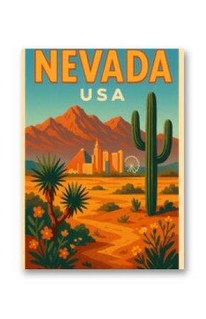A vibrant retro illustration of Nevada USA featuring a winding desert path leading to a stylized Las Vegas skyline with iconic pyramid building a large saguaro cactus and distant red mountains