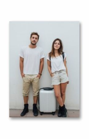 Hombre y mujer jóvenes con una maleta, fondo blanco