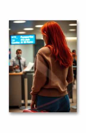 Young woman with red hair and suitcase at airport check-in counter waiting for flight departure assistance from staff member