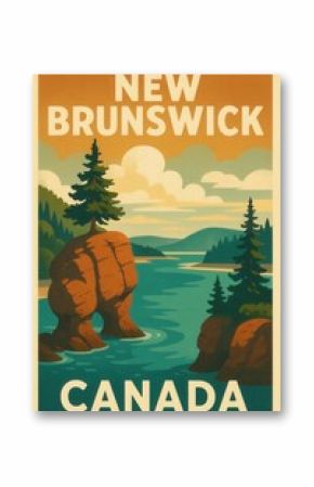 A large sea stack topped with a tree stands in calm coastal waters in New Brunswick surrounded by rocky formations, forest trees, and distant mountains under cloudy skies