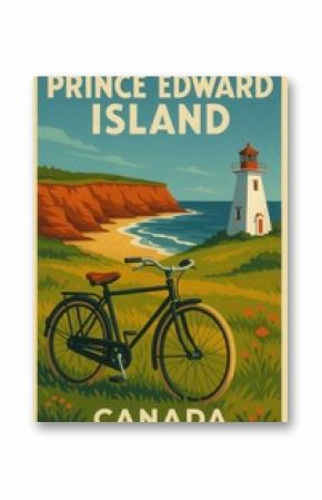 A scenic view of Prince Edward Island coastline with a lighthouse on a grassy hill, red cliffs, a sandy beach and a bicycle parked in the foreground under clear blue skies