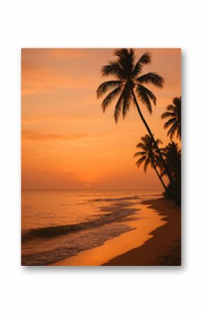 Golden sunset bathes a tropical beach scene with palm trees silhouetted against the orange and yellow sky and gentle waves.
