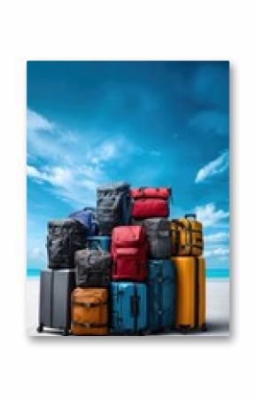 A vibrant display of various travel bags and suitcases stacked together against a stunning beach backdrop, symbolizing adventure and wanderlust in a sunny, blue-sky setting.