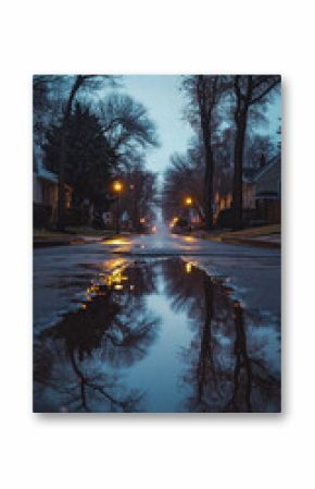 A captivating urban street scene in a mysterious city on the eclipse, with sparkling ice rinks and rain-soaked sidewalks under dark, atmospheric skies.