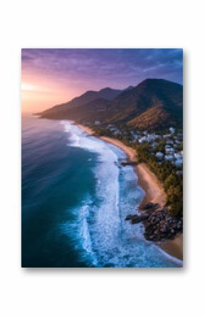 Vibrant sunrise over a tropical coastline with mountains and a sandy beach, phone wallpaper