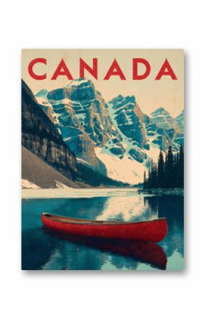 Vintage travel poster of Canada with Banff National Park, snowy peaks, frozen lake, red canoe and retro faded illustration style