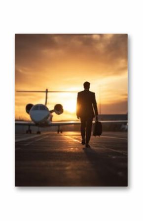  A faceless businessman in a dark suit walks toward a private jet during a golden sunset, evoking luxury travel and corporate success.