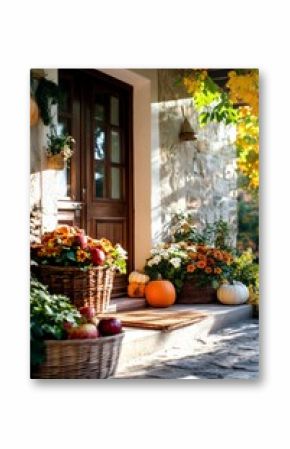 Front Porch Decorated With Pumpkins and Flowers for Autumn Season.