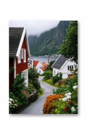 Charming Coastal Village With Colorful Houses and Lush Greenery Beside a Tranquil Fjord