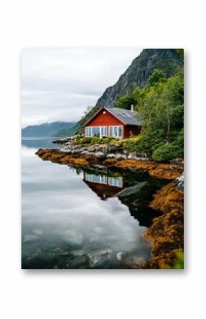 Charming Red Cabin by the Tranquil Water in a Serene Mountainous Landscape During Overcast Weather