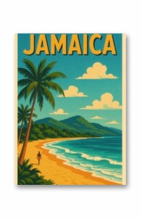 Illustration of a man strolling along a golden sandy beach in Jamaica with clear blue waves, tall palm trees, and forested mountains under a bright sky