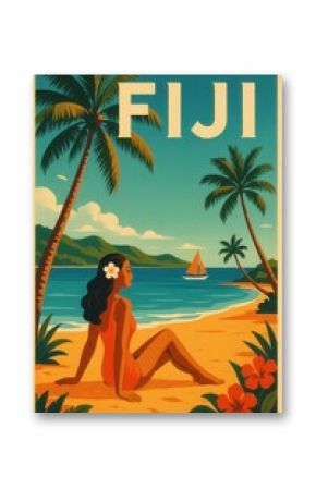 Tropical Fiji illustration with woman sitting on sandy beach in swimsuit, sailboat on calm blue water, distant hills, palm trees and red hibiscus flowers