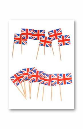 Small paper flags of United Kingdom isolated on white, set