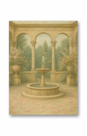 Serene garden courtyard with fountain.