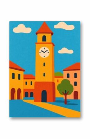 Colorful town square illustration.