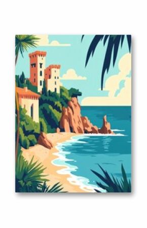 The beach and castle illustration vintage coast.