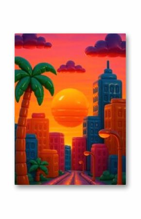 Vibrant surreal cityscape sunset