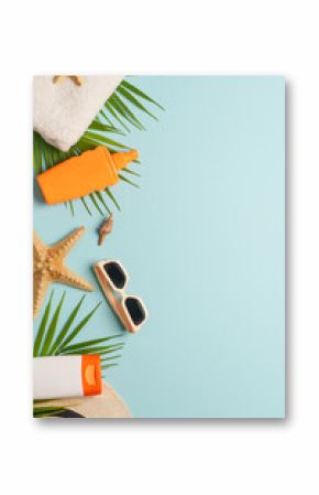 Summer flat lay background on blue.
