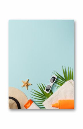 Summer flat lay background on blue.