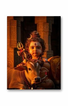 A baby dressed as lord shiva with a calf, bathed in warm light, captures the essence of hindu devotion
