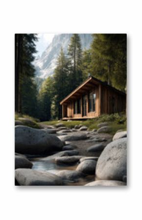 Cozy cabin nestled in pine forest beside rocky stream, mountain landscape in background, tranquil and peaceful atmosphere