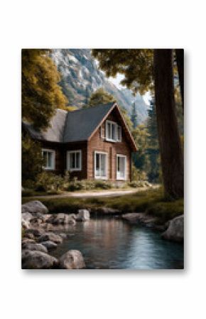 Cozy cabin wooden house forest mountain stream nature peaceful scenic tranquil outdoor retreat. wooden cabin sits by clear stream surrounded by