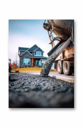 Concrete Truck Pouring Cement for Residential Construction Project, New Home Development, Curb Construction