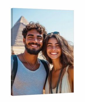 Happy young couple smiling and posing for a selfie in front of an ancient pyramid under clear blue sky