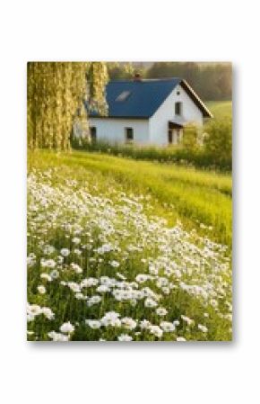 White cottage with blue roof surrounded by a field of daisies in the sunshine.