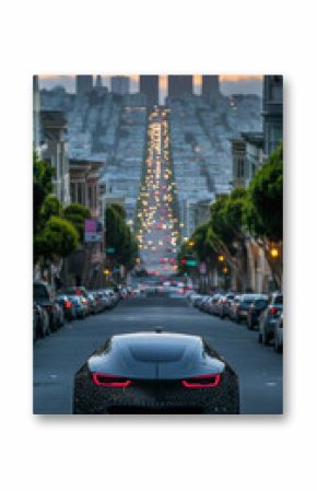 A futuristic car on a city street overlooking a nighttime cityscape, useful for advertising technology and innovation.