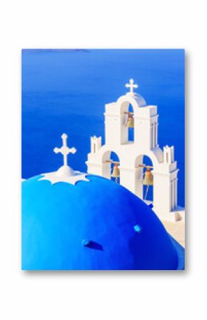 Santorini, Greece. Blue dome Church St. Spirou in Firostefani village.